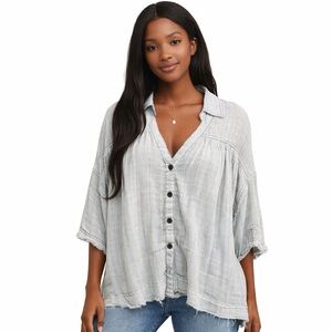 WE THE FREE Gauze Peasant Blouse Blue Plaid Raw Hem Button Front XS
